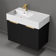 Modern Floating Bathroom Vanity, 32 inch, Matte Black, Gold Handles